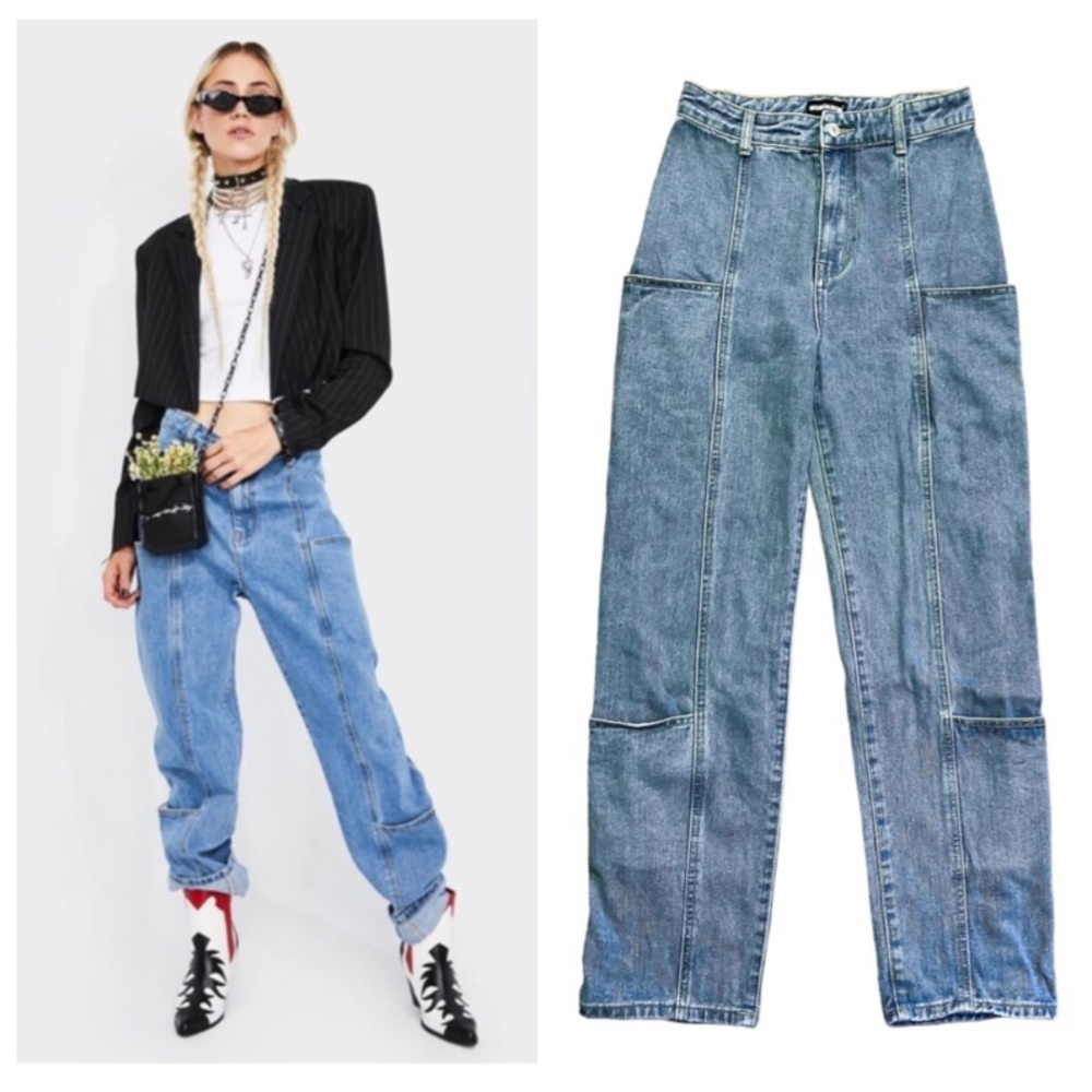 Mokokrom light mid wash cargo wide leg jeans festival high waist streetwear